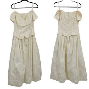 Vintage 80s Off Shoulder Full Maxi Dress M Vanilla Lace Bodice Prom Wedding